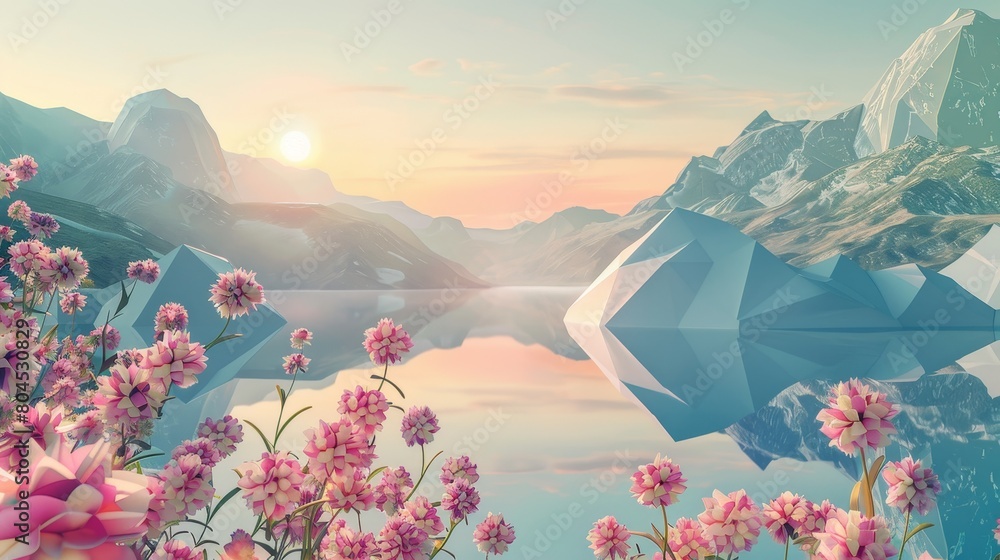 Poster A 3D rendering of an abstract spring summer landscape scene with geometric shapes. A view of a lake and flowers is in the background.