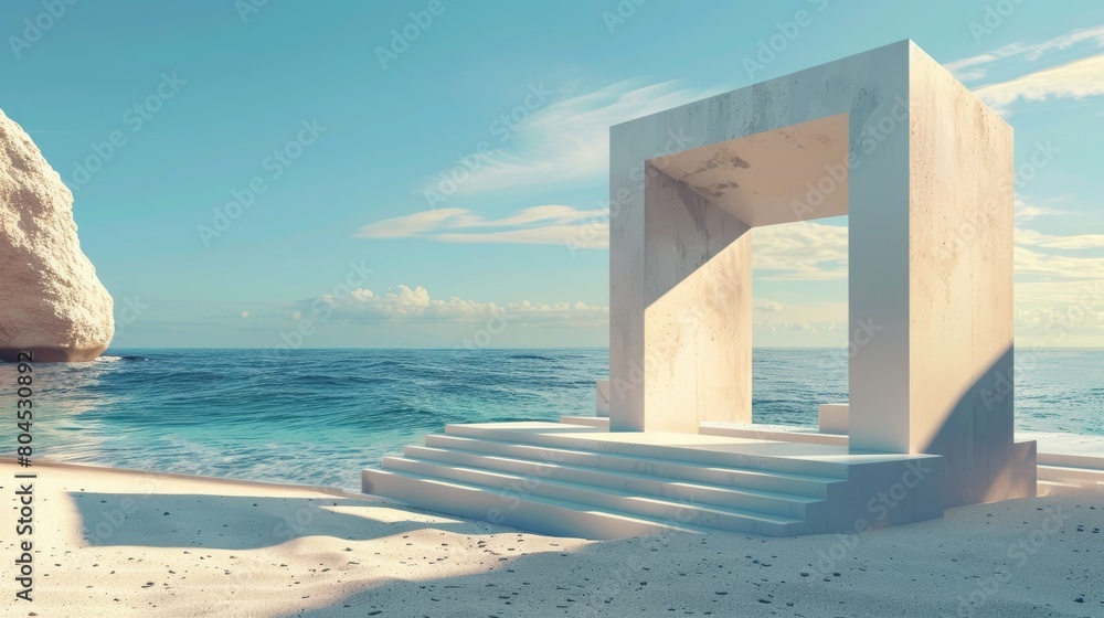 Poster a summer landscape scene with geometric shapes. beach view from the ocean. 3d rendering...