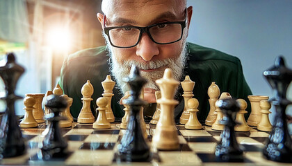 Extreme close-up and front view of an elderly pensive male chess player wearing glasses thinking about game strategy. Intelligence competition concept. Generative Ai.