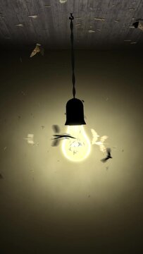 Vertical Like Moths to a Light Bulb 4K Loop features a camera slowly zooming into a light bulb with moths flying around it in a vertical ratio fade loop, not a.i.