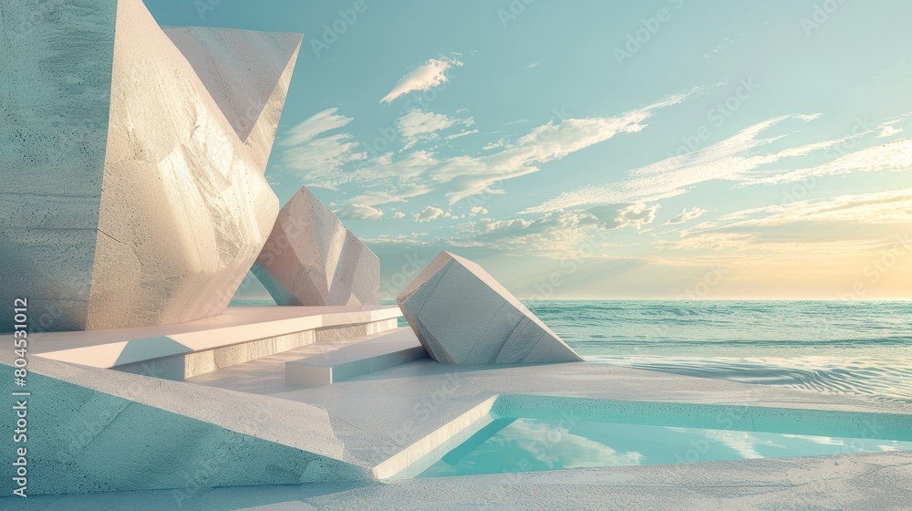 Poster The scene of an abstract summer landscape with geometric forms. View of the ocean. 3d rendering.......