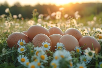 Warm morning sunlight bathes a nest of eggs among meadow flowers, symbolizing new beginnings