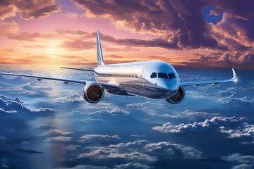 Fototapeta premium A sleek and sophisticated airplane soars through the vibrant sky, its silver fuselage gleaming in the sunlight