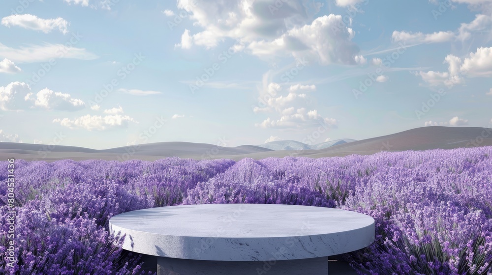Poster 3d rendering of a natural beauty podium backdrop with lavender fields.