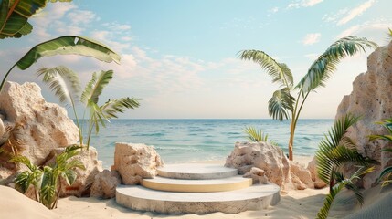 Fototapeta premium Summer beach scene with a podium for displaying products. 3D rendering.