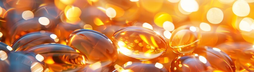 Macro shot of a cluster of vitamin D pills, each reflecting a golden sunrise light, symbolizing health and vitality