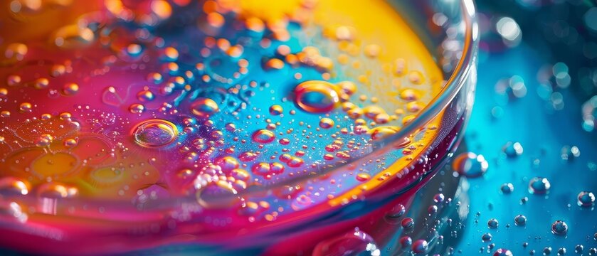 Ultra closeup of a petri dish with growing bacteria cultures, colored with vibrant dyes to enhance the textures