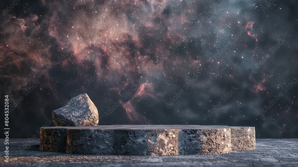 Poster the background of a stone podium with an abstract galaxy night scene has been rendered in 3d.