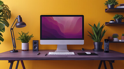 Stylish Home Office Setup With Modern Computer and Colorful Decor