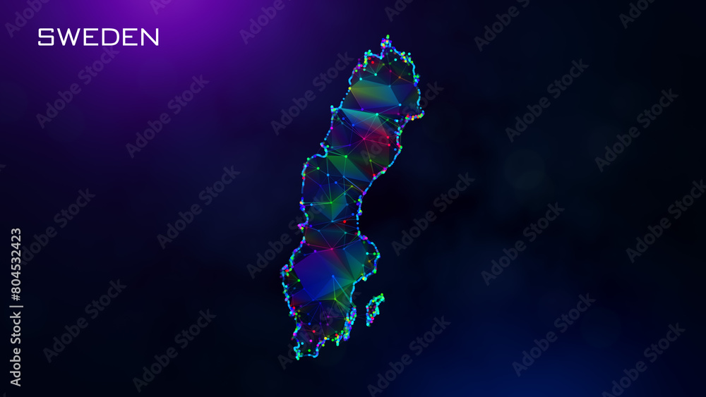Poster futuristic sweden map polygonal blue purple colorful connected lines and dots network wireframe with