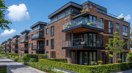 Fototapeta premium Modern Residential Building in Urban Area With Lush Green Landscaping