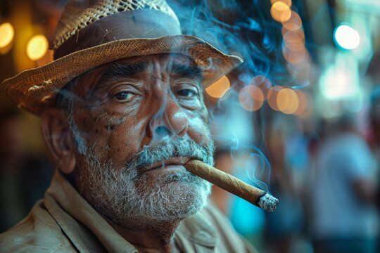 The image captures a man in a straw hat enjoying a cigar, surrounded by intriguing bokeh lights and smoke