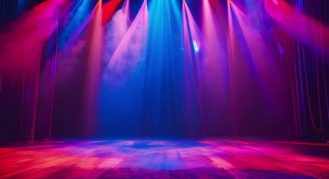 Vibrant theater stage with bright spotlight empty stage and colorful backdrop. Concept Theater Stage, Spotlight, Empty Stage, Colorful Backdrop, Vibrant Setting