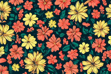 Floral background with colorful cartoon flowers, retro style illustration