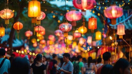 Crowd of individuals walking down a street lined with numerous lanterns.