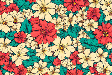 Retro floral background with colorful cartoon flowers