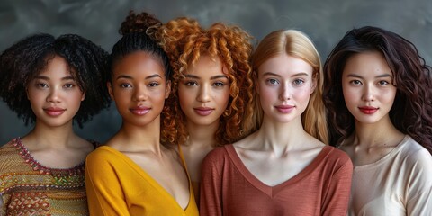 Group portrait of five in a row of different ethnicity women with natural lighting