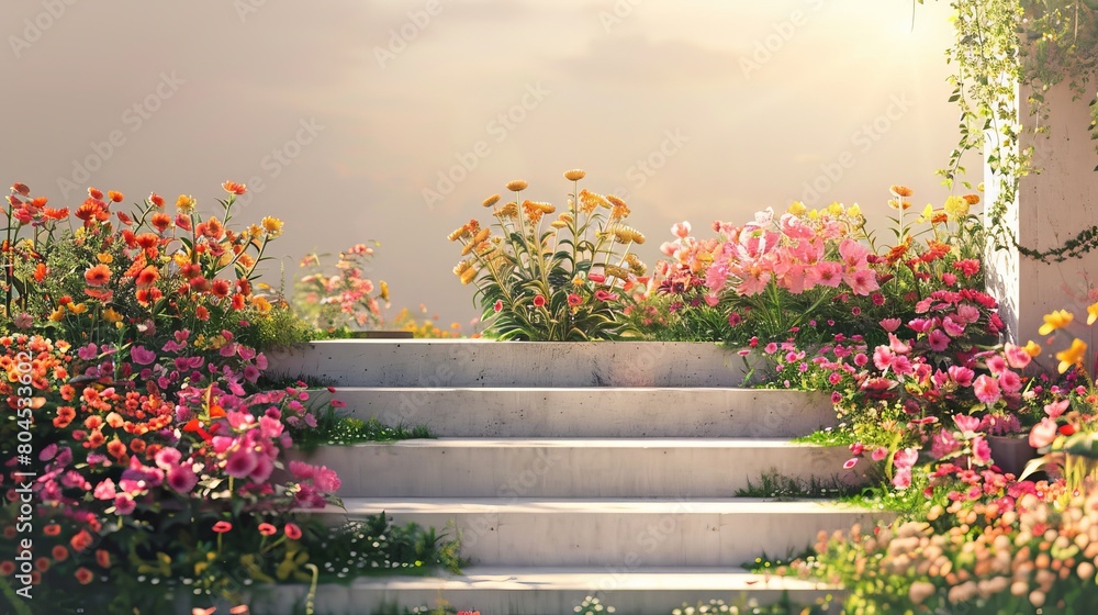 Poster Backdrop with spring flowers on a podium in natural beauty. 3D rendering...