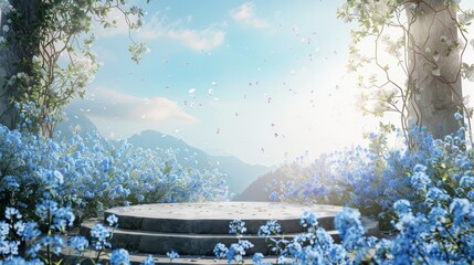 Three-dimensional rendering of a natural beauty podium backdrop with spring blue flowers landscape scene.