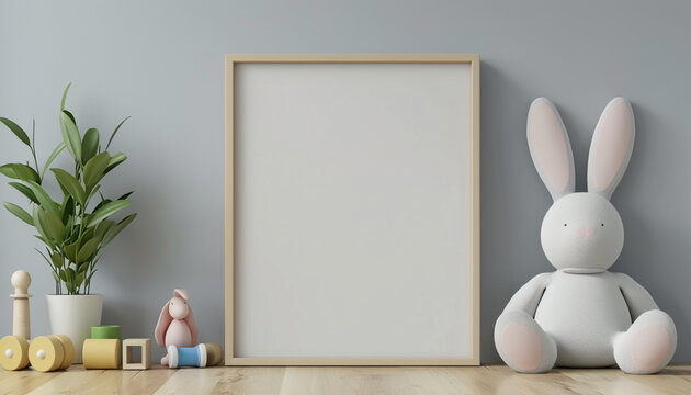 mockup realistic photo of white blank frame in kid room with high contrast, realism