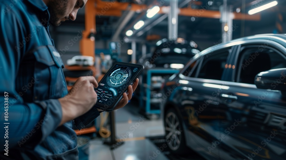 Poster An auto mechanic checks his engine with OBD2 wireless scanning tool and shows the car information on a screen interface.