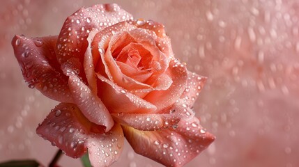 A close-up of a dewy pink rose with droplets on petals set against a soft pastel pink background. Mother's day card.  - obrazy, fototapety, plakaty
