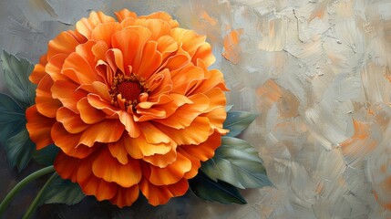 A close-up of a vibrant orange marigold its petals crisp and lively set against a muted grey canvas. 