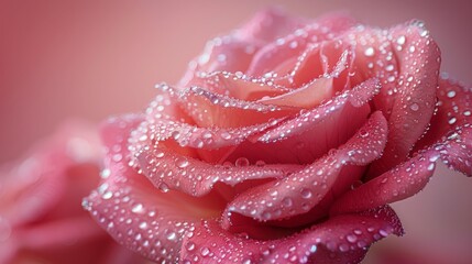 A close-up of a dewy pink rose with droplets on petals set against a soft pastel pink background. Mother's day card.  - obrazy, fototapety, plakaty