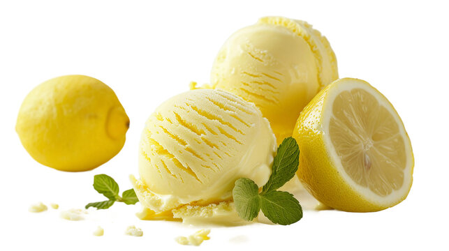 Fresh lemon sherbet ice cream on transparent background, a cool and refreshing summer treat, perfect for indulgence and culinary delight in vibrant yellow hue.