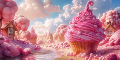 A candy and sweet themed fantasy world with attractive and bright multi-colored buildings and plants. Full of joy and happiness