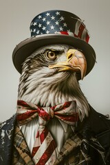 Patriotic eagle in hat and bow tie featuring US flag design, ideal for national holidays and themed events.