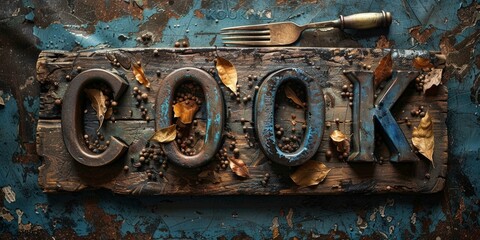 The word cook written with wooden board and kitchen utensils