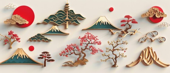 Icon modern of Japanese traditional symbols and logos. Geometric design logo elements. Vintage gold decoration on antique object elements. Fuji mountain, cherry blossom flower, bonsai, bamboo, cloud,