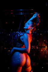 Portrait of a beautiful go-go dancer. Mesh jumpsuit. Posing, smiling, holding her braid. Party...