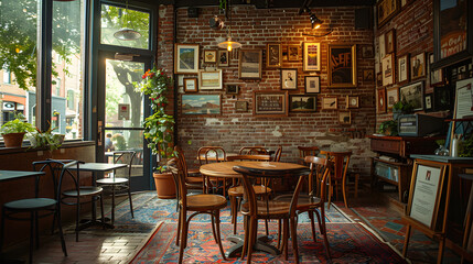 Fototapeta premium A charming coffee shop, with brick walls adorned with local artwork as the background, during a community poetry reading