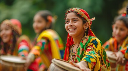 Fototapeta premium A group of women dressed in vibrant, colorful clothing are energetically playing drums together.
