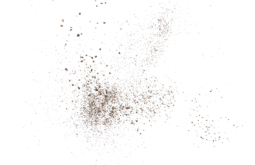 Dirt scattered, soil pile flying isolated on white background, top view