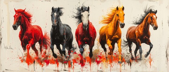 Obraz premium A modern painting with metal elements, textured backgrounds, animals, horses,...................