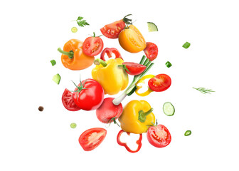 Different fresh vegetables in air on white background