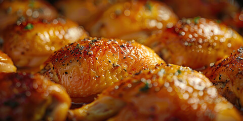 Closeup of delicious cooked chicken pieces served on a plate in a pan