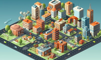 Isometric 3D City Vector Illustration with Varied Buildings and Structural Designs.
