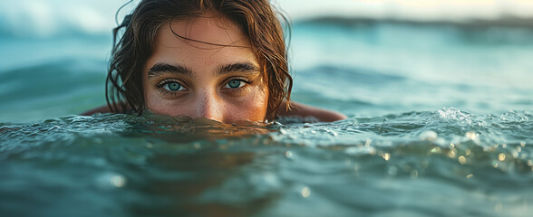 Portrait of a beautiful sexy woman in the water. Beautiful young woman treading water in the ocean, barely staying afloat, face partially underwater - obrazy, fototapety, plakaty