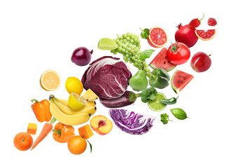 Different fresh fruits and vegetables in air on white background