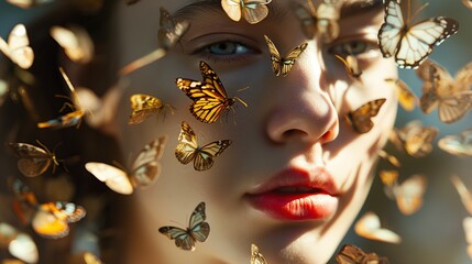 Photo of a young girl's face with butterflies flying around her