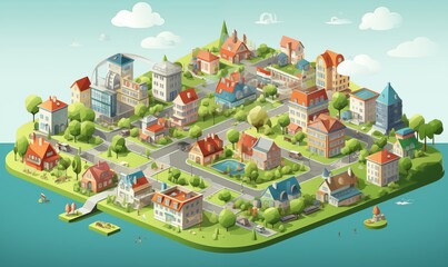 Isometric 3D City Vector Illustration with Varied Buildings, Including Homes.