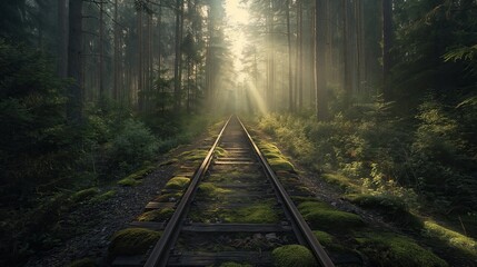 Fototapeta premium Photo of railway tracks that are overgrown with grass and pass through the forest