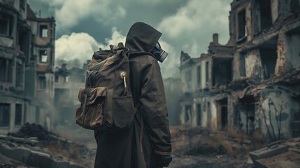A man in a chemical protective suit with a backpack against the background of a destroyed city