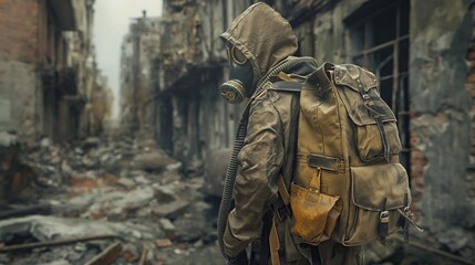 A man in a chemical protective suit with a backpack against the background of a destroyed city