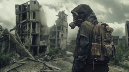 A man in a chemical protective suit with a backpack against the background of a destroyed city
