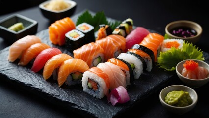 Plate of Colorful Assorted Sushi Delights - Delicious Japanese Cuisine Selection